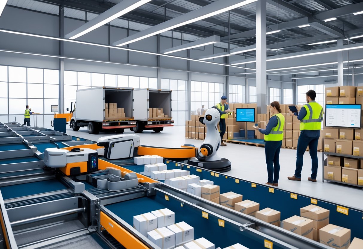 A warehouse interior showing conveyor belts moving packages, robotic arms sorting parcels, workers scanning items, and delivery trucks being loaded.