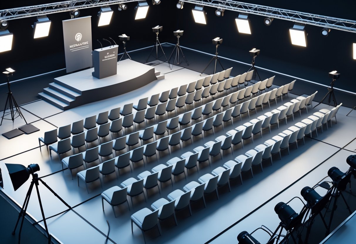 A 3D rendered press area with rows of chairs facing a stage equipped with microphones, surrounded by cameras and lighting equipment.