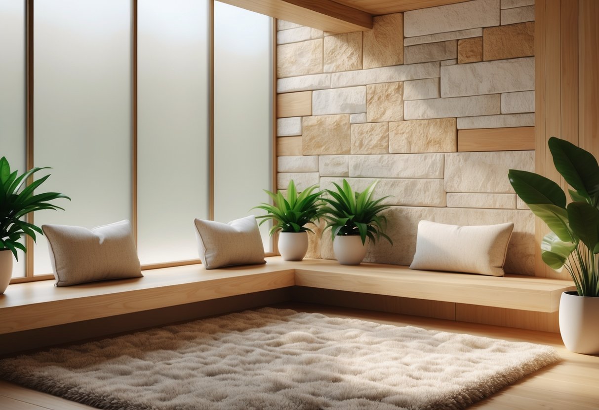 A calm indoor space with wooden furniture, soft cushions, plants, and natural light creating a peaceful atmosphere.
