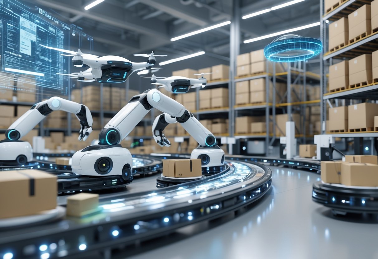A large warehouse with robots sorting packages, drones flying, and automated vehicles moving goods among shelves filled with boxes.