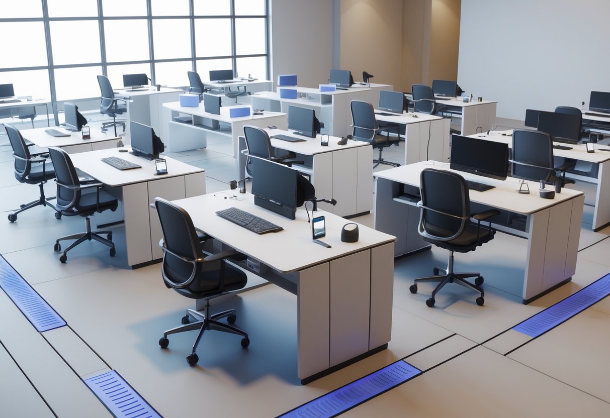 A spacious press area with adjustable desks, wide pathways, and tactile floor guides designed for accessibility.