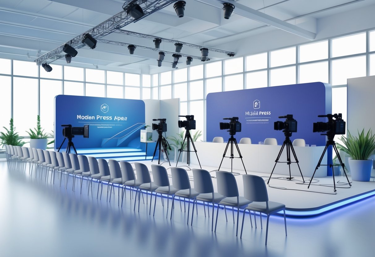 A spacious press area with a stage, podium, microphones, rows of chairs, cameras on tripods, lighting equipment, and tables for journalists in a bright, organised environment.