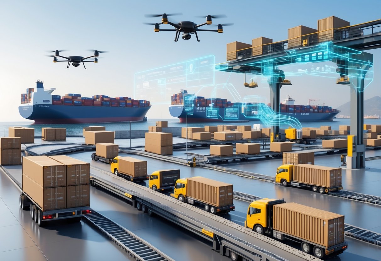 A logistics hub showing cargo containers, automated trucks, drones, robotic arms sorting packages, and ships and trains in the background.