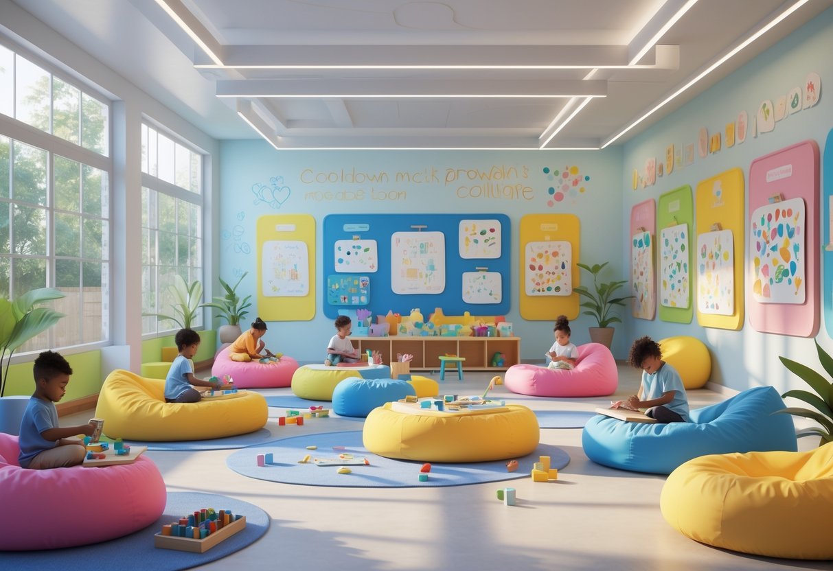 A bright room with children sitting on cushions around tables, engaged in drawing and building activities, surrounded by plants and calming decorations.