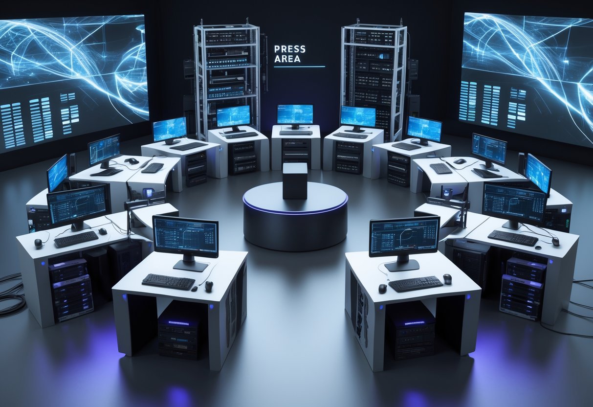 A press area setup showing workstations with multiple monitors, technical equipment like servers and networking hardware, microphones, cameras, and lighting in a spacious room.