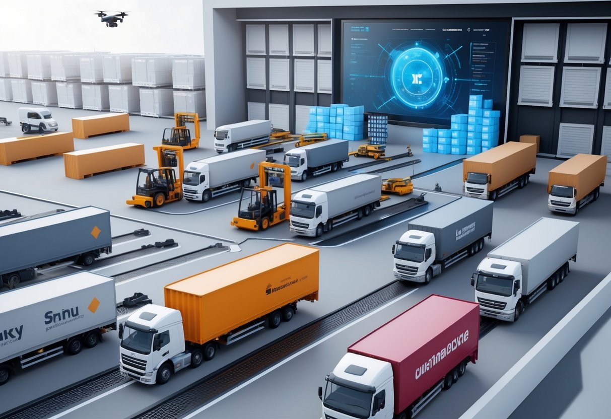 A logistics hub with warehouses, cargo trucks, automated forklifts, conveyor belts, drones, and a digital control centre showing real-time tracking.