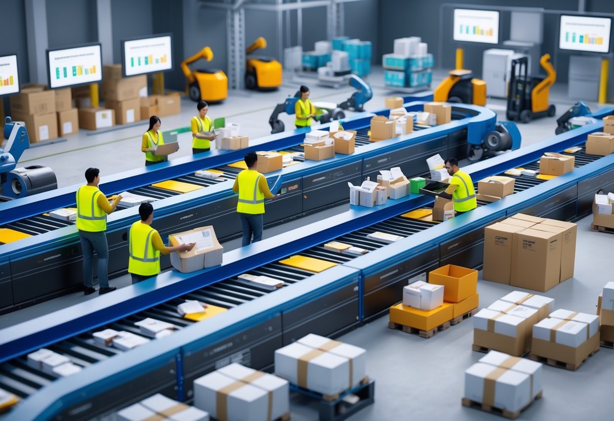 A warehouse scene showing workers inspecting and sorting returned packages on conveyor belts, with shelves and robots moving goods in the background.
