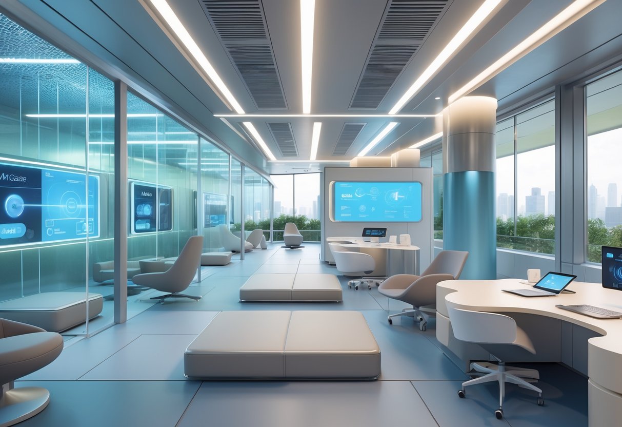 A modern workspace with modular seating areas, cooling features, and digital interfaces arranged for comfort and productivity.