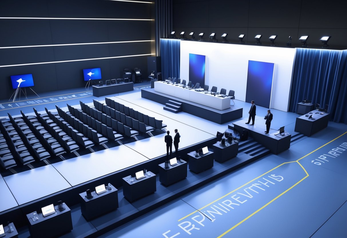 A large conference hall set up for a press conference with rows of chairs facing a stage with microphones and a podium, media equipment on tables, and staff managing the flow of people.