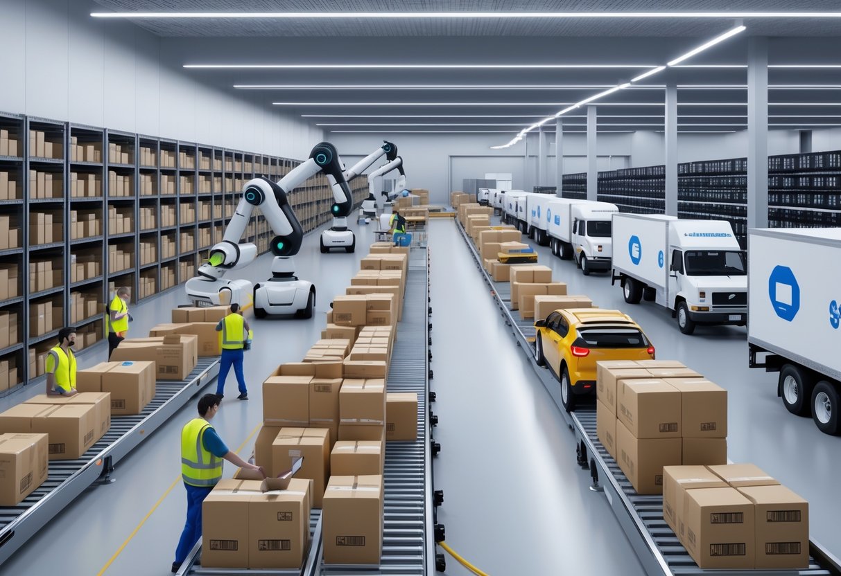 A busy warehouse with shelves of packaged goods, workers loading boxes onto delivery trucks, and automated machines moving parcels, showing merchandise logistics for online and retail distribution.