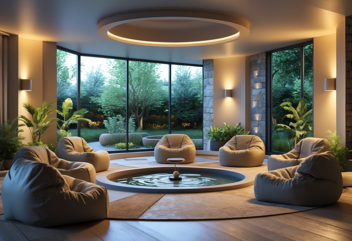 A calm indoor relaxation space with comfortable chairs, plants, a water feature, and large windows showing a garden outside.