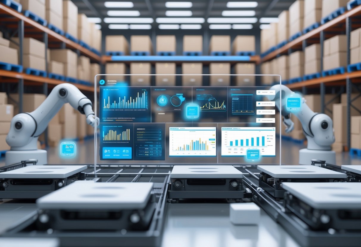 A 3D scene of a logistics warehouse with shelves of packages, robotic arms sorting parcels, and transparent screens displaying data and charts.