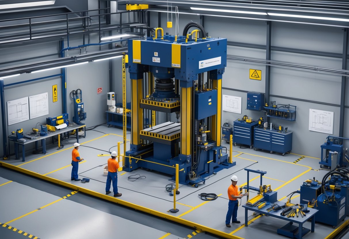 A manufacturing facility showing a hydraulic press machine with engineers setting up equipment and safety barriers around the area.