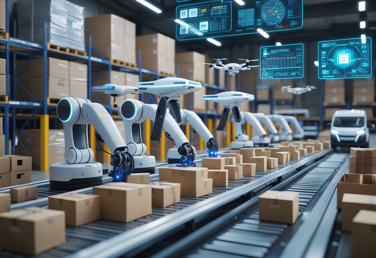 A busy warehouse with robots sorting packages, delivery drones being loaded, and trucks at loading docks, showing a modern logistics operation.