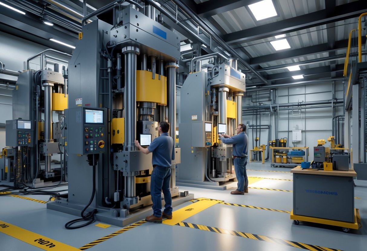 Engineers inspecting and adjusting large mechanical press machines in a clean and organised factory workspace.