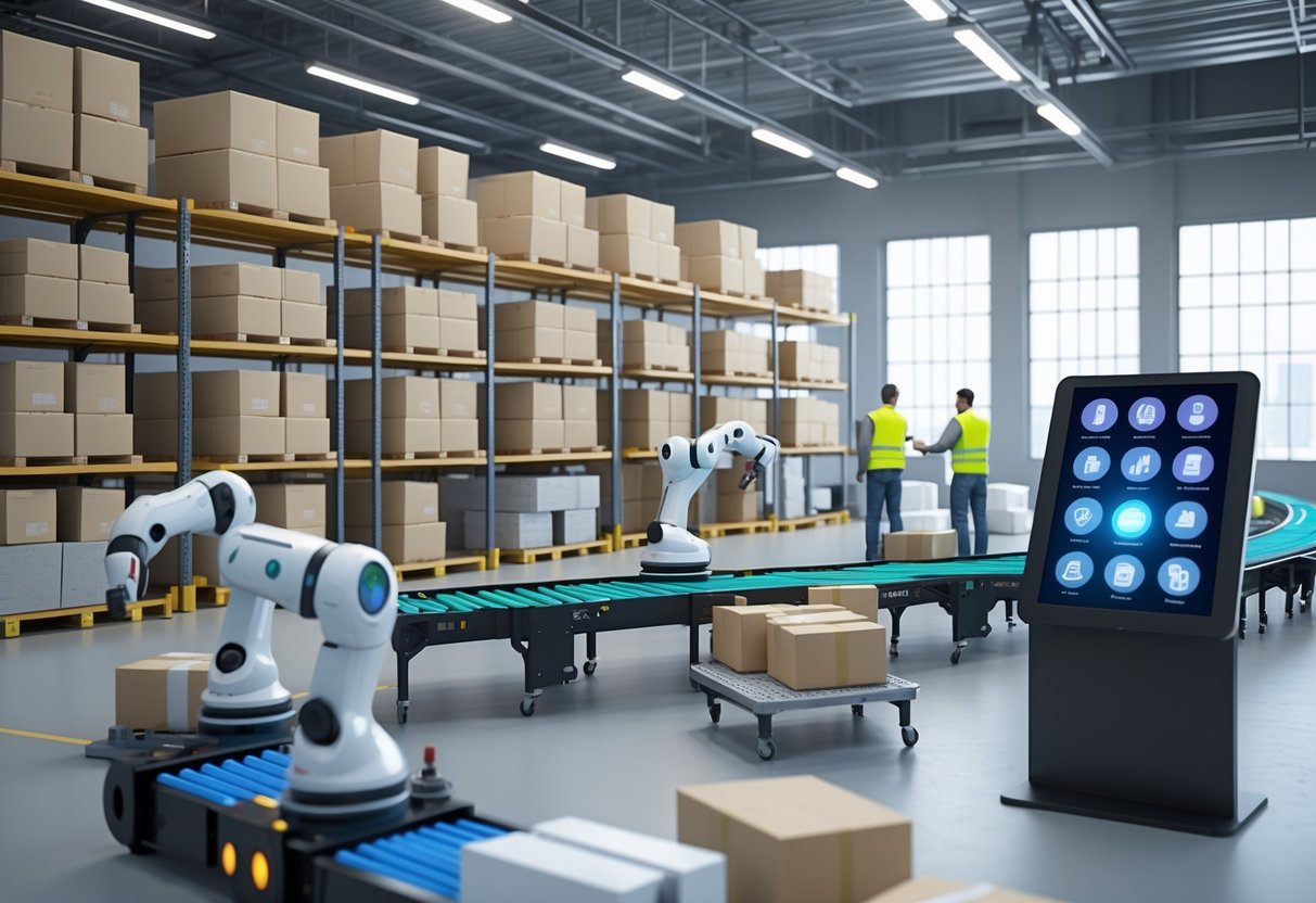 A warehouse with shelves full of boxes, conveyor belts moving parcels, robotic arms sorting items, and workers using handheld devices.