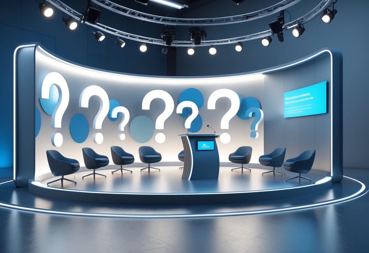 A modern press area setup with a curved backdrop, podium, chairs arranged in a semi-circle, and overhead studio lights and cameras.