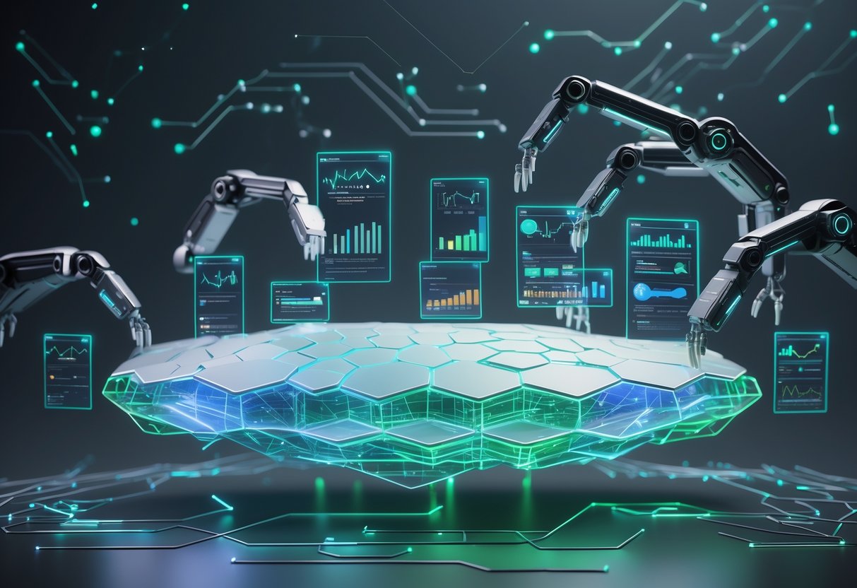 A 3D digital platform with glowing hexagonal tiles, holographic data streams, and robotic arms adjusting components in a high-tech environment.