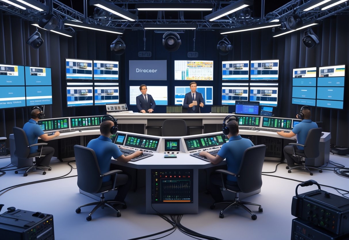 A broadcast control room with professionals working at different stations, operating cameras, sound equipment, and video monitors.