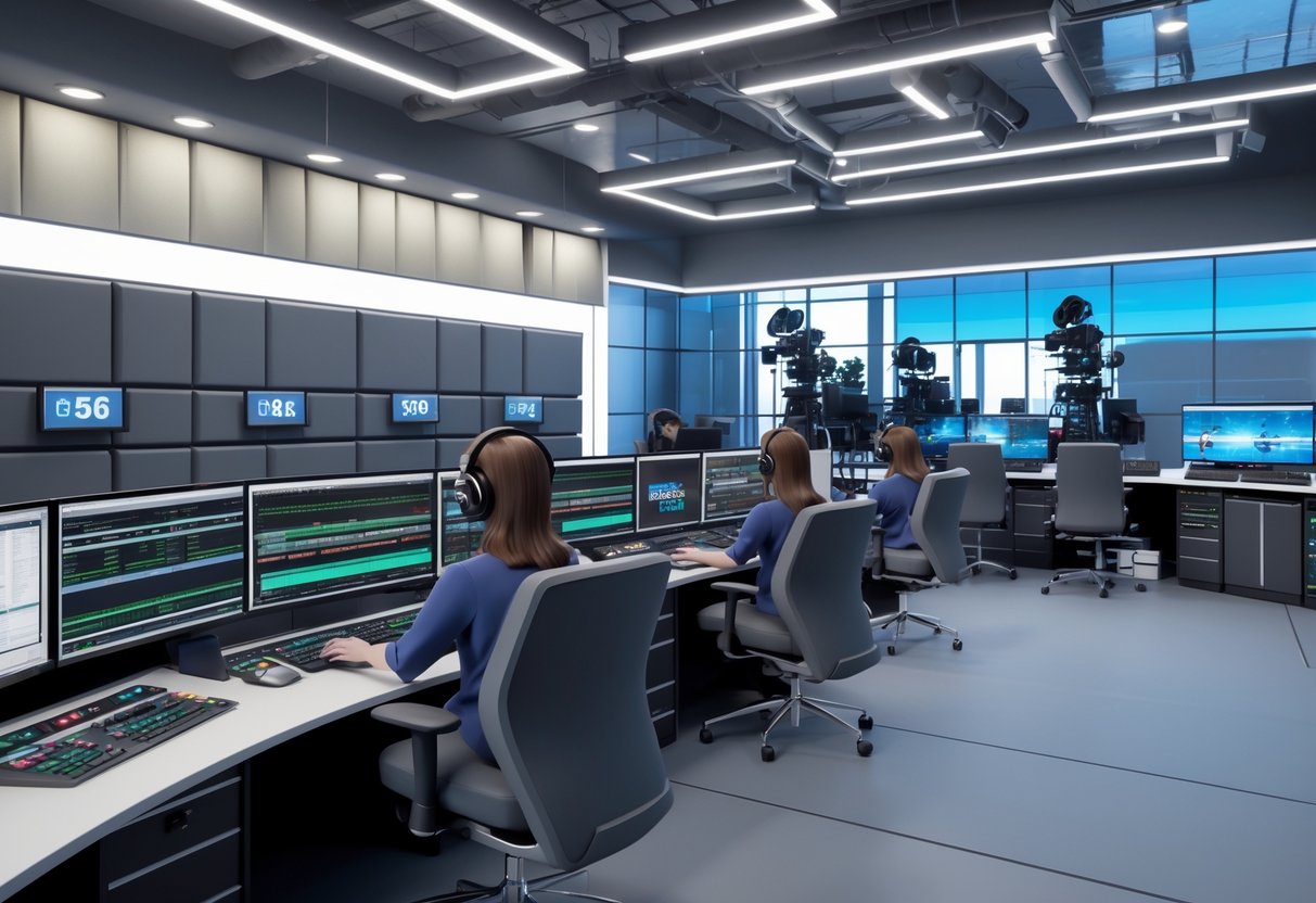 A broadcast control room with several workstations where operators manage video and audio equipment, surrounded by monitors and control panels.