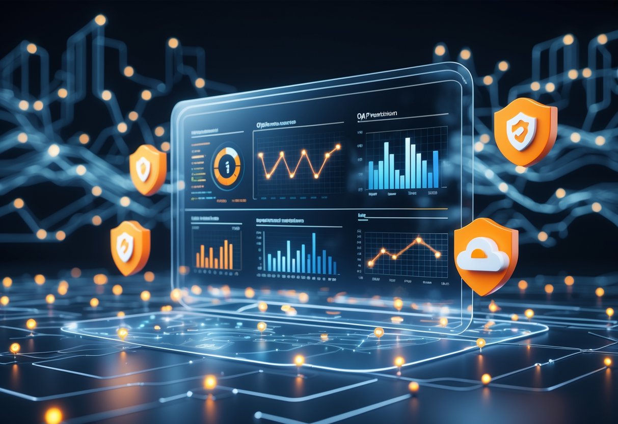 A 3D digital scene showing interconnected glowing nodes, holographic charts, and icons representing network optimisation and security in a futuristic setting.