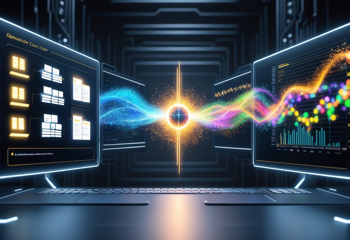 A 3D scene showing a digital platform with static content blocks on one side and flowing dynamic data on the other, connected by a glowing central processor in a high-tech environment.