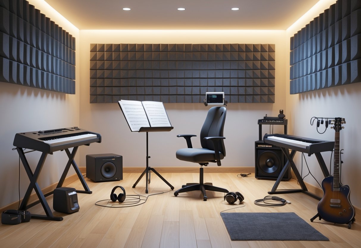 A practice room with acoustic panels, a music stand, chair, keyboard, guitar on the wall, headphones, drum pads, and a laptop on a desk.