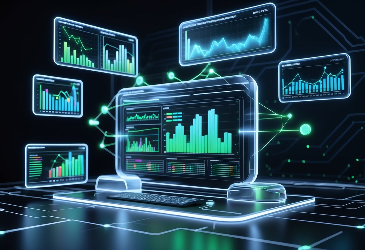 A 3D scene showing a futuristic digital dashboard with floating holographic screens displaying charts and performance data above a modern workstation surrounded by interconnected data nodes.