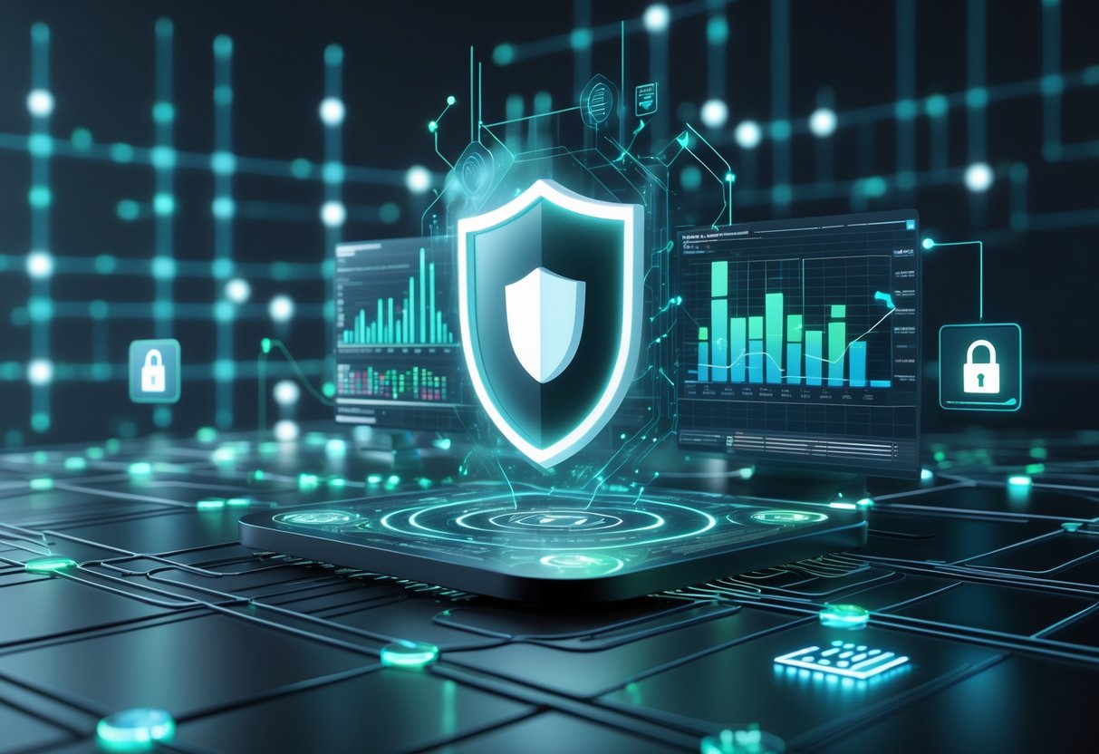 A 3D digital platform with interconnected glowing nodes and a central shield symbol representing security, surrounded by holographic charts and padlock icons within a network grid.