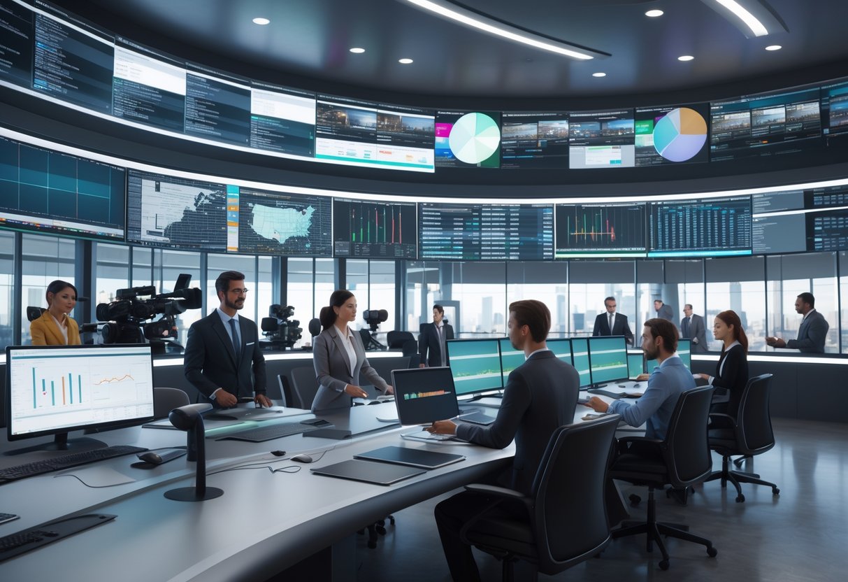 A modern broadcast control room with professionals managing live broadcasts and discussing work in a busy newsroom environment.