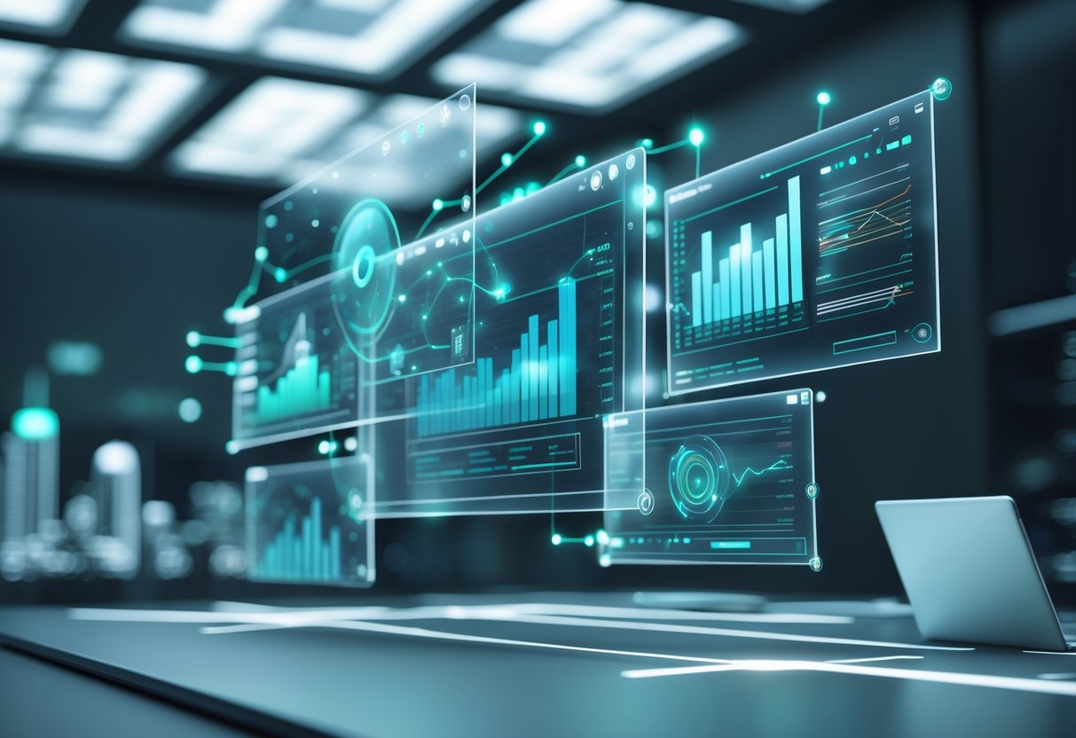 A futuristic digital platform dashboard with holographic screens showing charts and data flows in a modern workspace, with a cityscape in the background symbolising business growth.