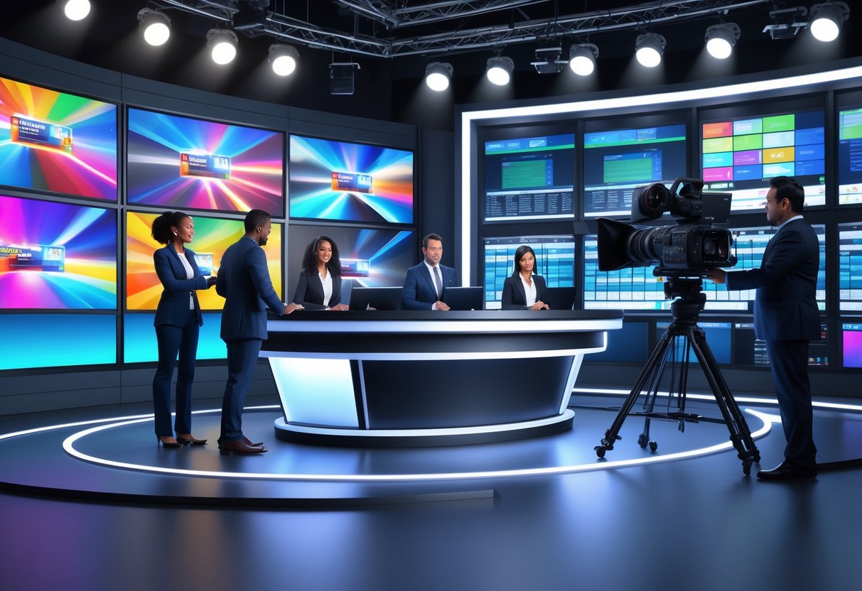 A television broadcast studio with professionals working at a news desk, camera, and control room equipment.