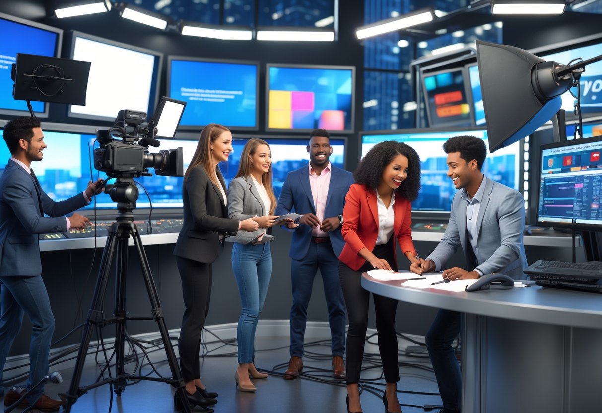 A group of young people working together in a modern broadcast studio with cameras, audio equipment, and monitors.