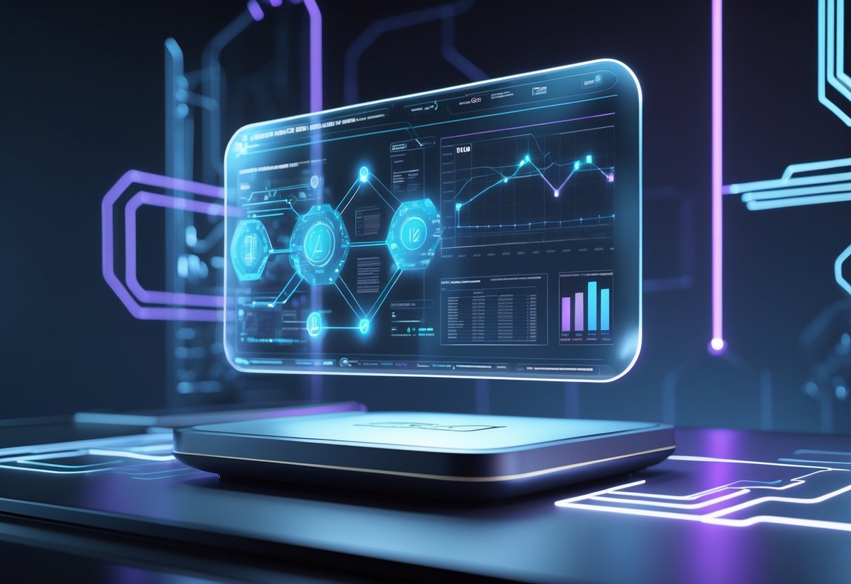A futuristic digital workspace showing a holographic interface with interconnected data nodes and graphs representing platform optimisation.