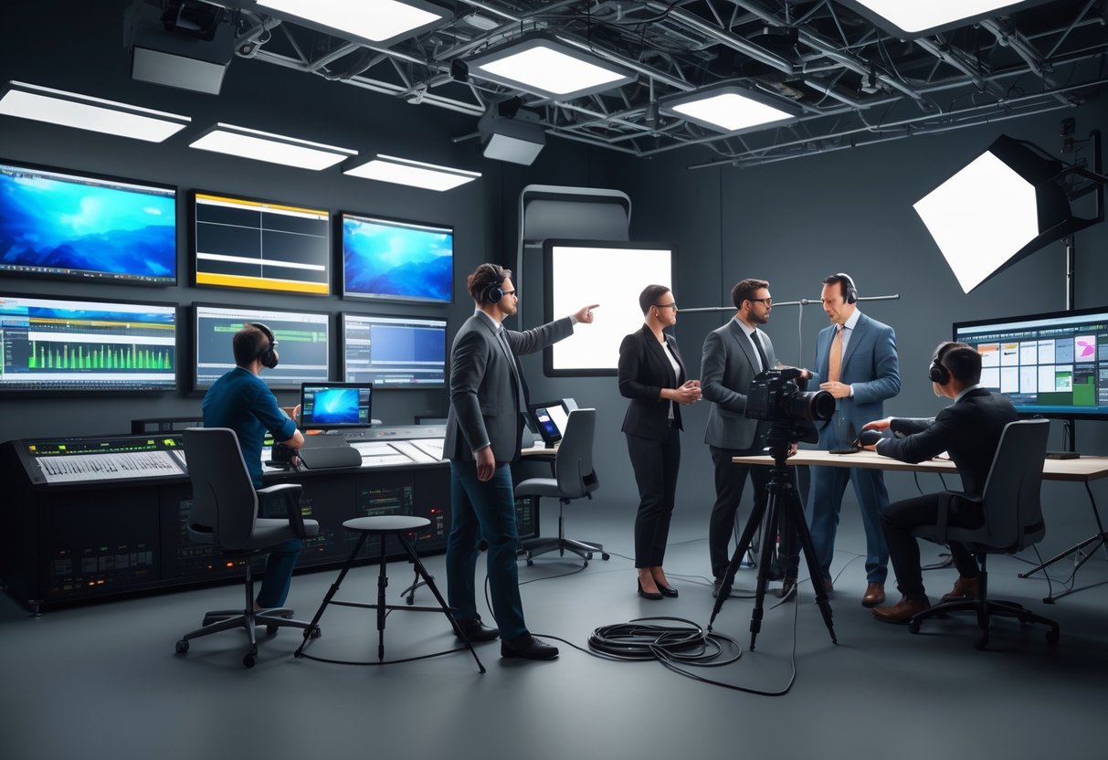 A broadcast studio with professionals operating cameras, audio equipment, and video monitors in a busy control room.