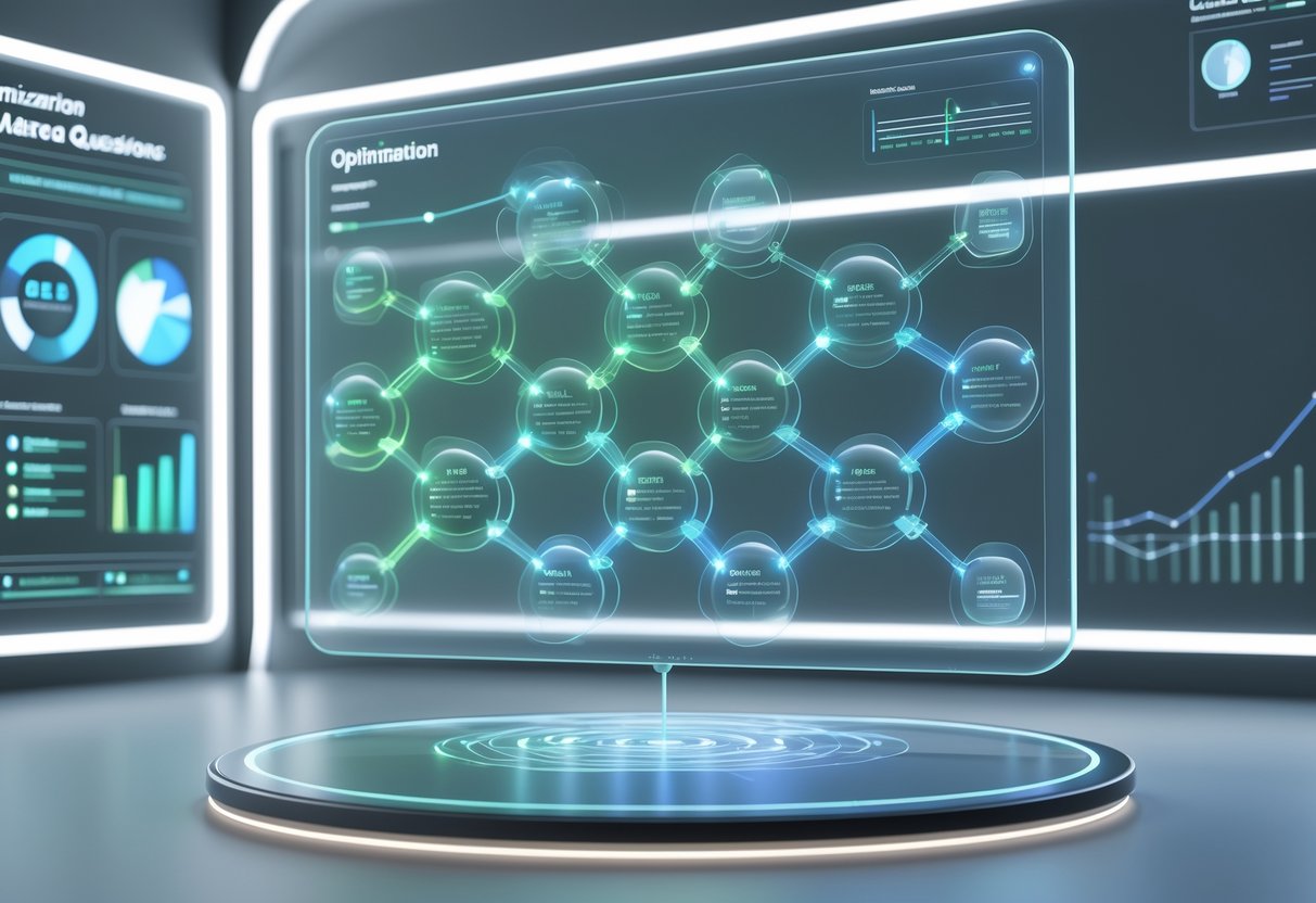 A 3D scene showing a floating transparent touchscreen with interconnected question and answer nodes, surrounded by holographic charts and graphs in a modern workspace.