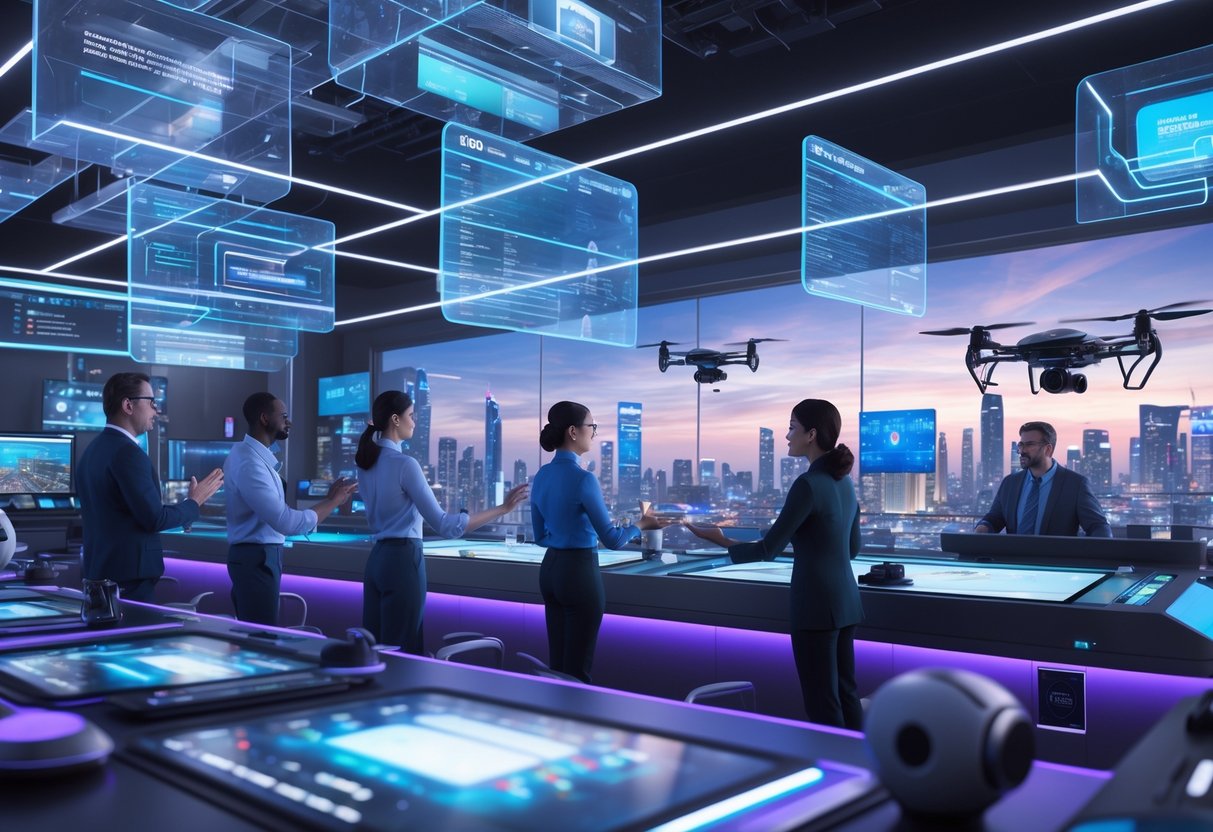 A futuristic broadcast media control room with people using holographic screens and advanced technology, set against a city skyline with flying vehicles.