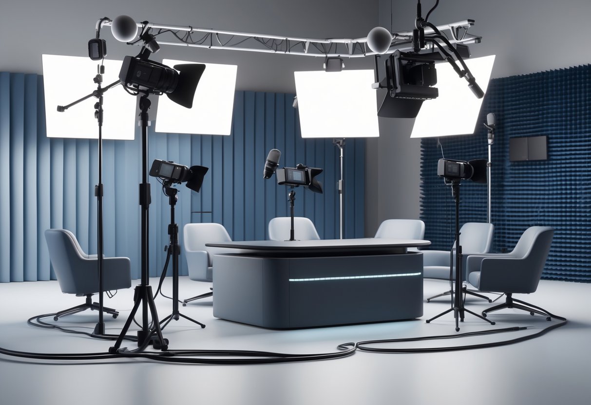 A modern broadcast studio showing microphones and cameras arranged around a central desk for a question and answer session.