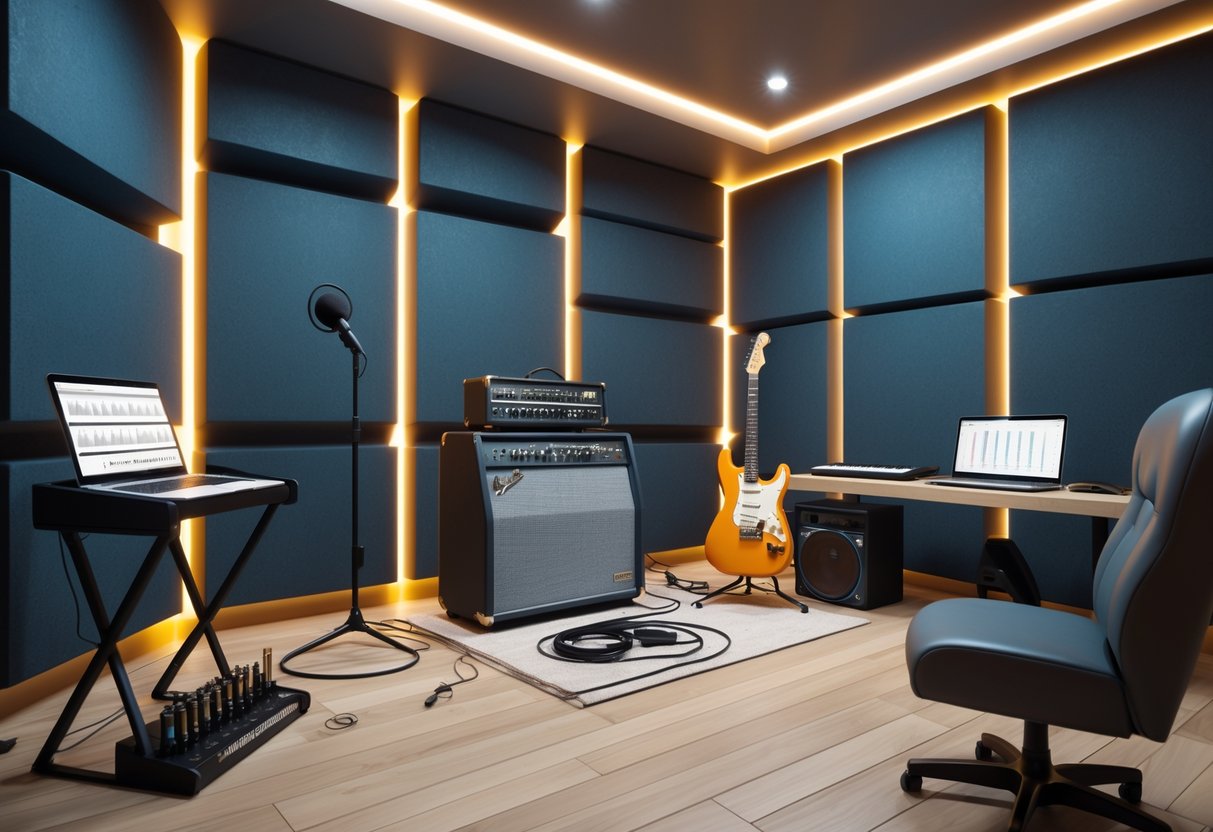 A music practice room with an electric guitar, amplifier stack, microphone on a stand, mixing console, and guitar pedals arranged neatly in a soundproofed space.