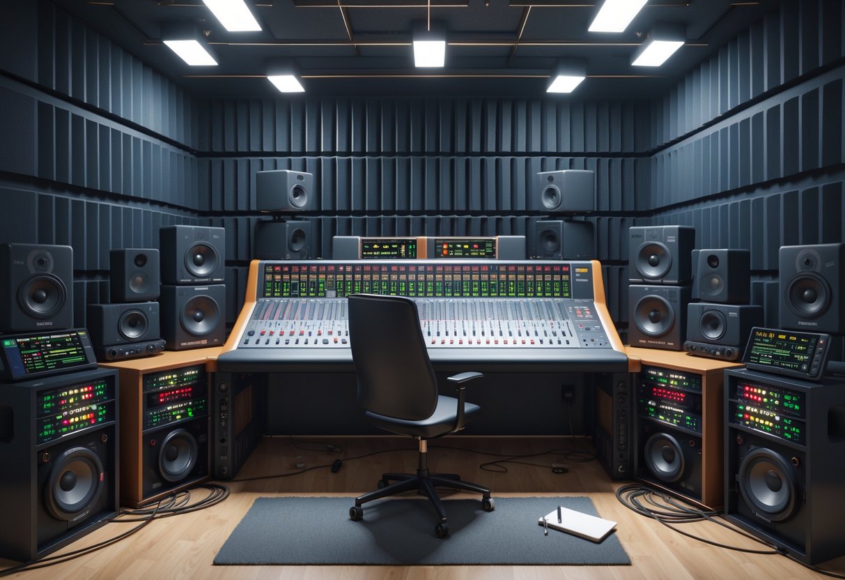 A professional audio practice room with a large mixing console, patch bays, studio monitors, and racks of audio equipment arranged neatly in a soundproofed space.