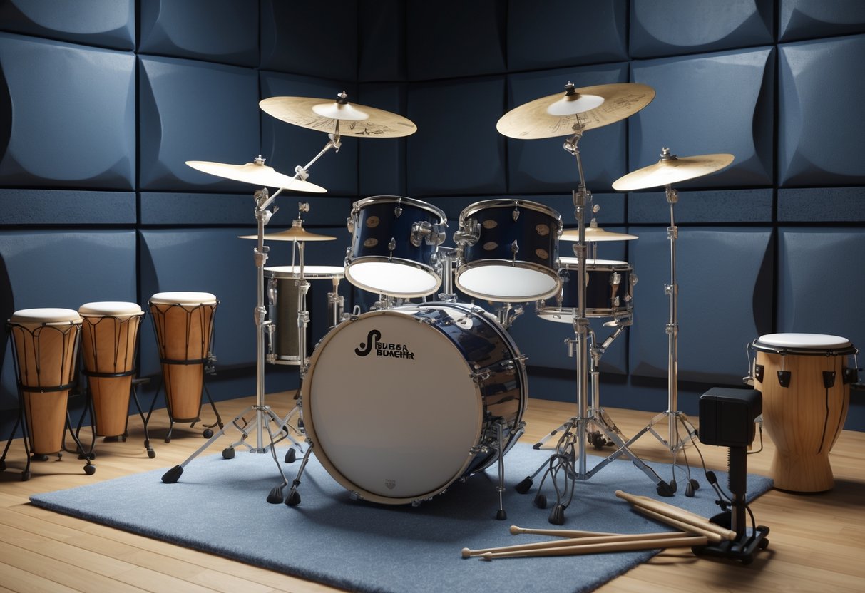 A drum kit and various percussion instruments arranged in a soundproofed practice room with wooden flooring and acoustic panels on the walls.