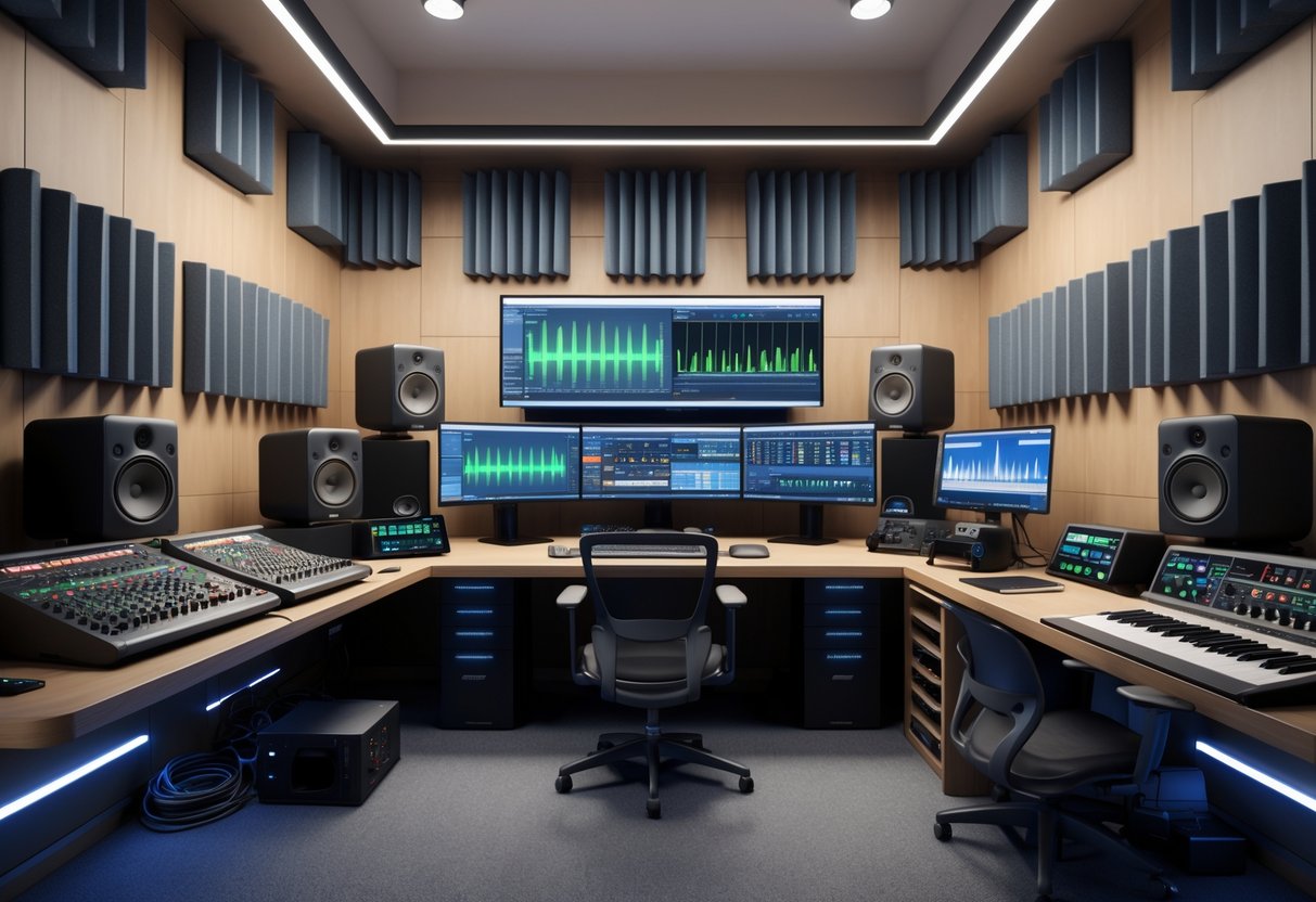 A practice room with acoustic panels, a desk holding multiple computer monitors and audio equipment, surrounded by speakers and control devices.