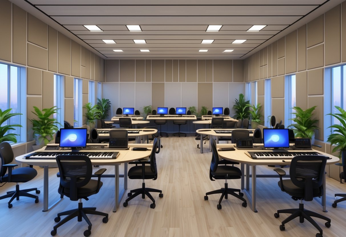A shared practice room with multiple workstations, musical instruments, computers, and acoustic panels, arranged in an open, well-lit space designed for collaboration.