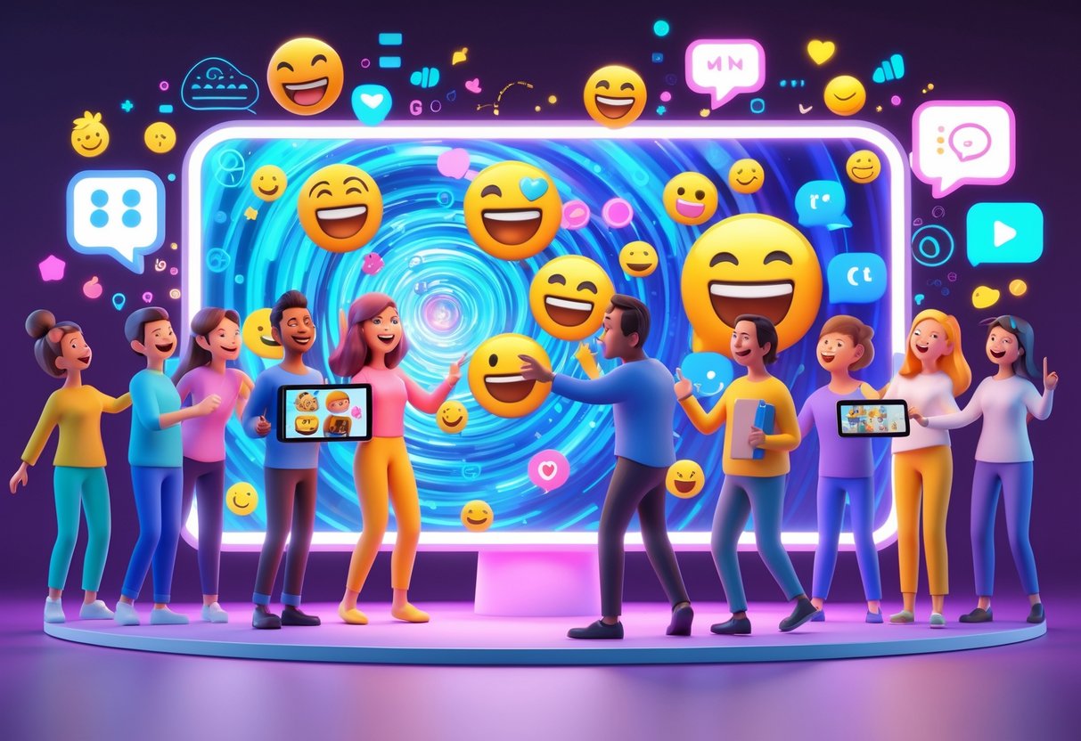 A group of diverse people happily interacting around a large digital screen showing various meme symbols and emojis in a colourful virtual space.