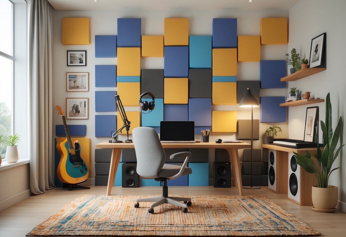 A personalised practice room with a desk, microphone, headphones, acoustic panels, musical instruments, plants, and personal decorations.