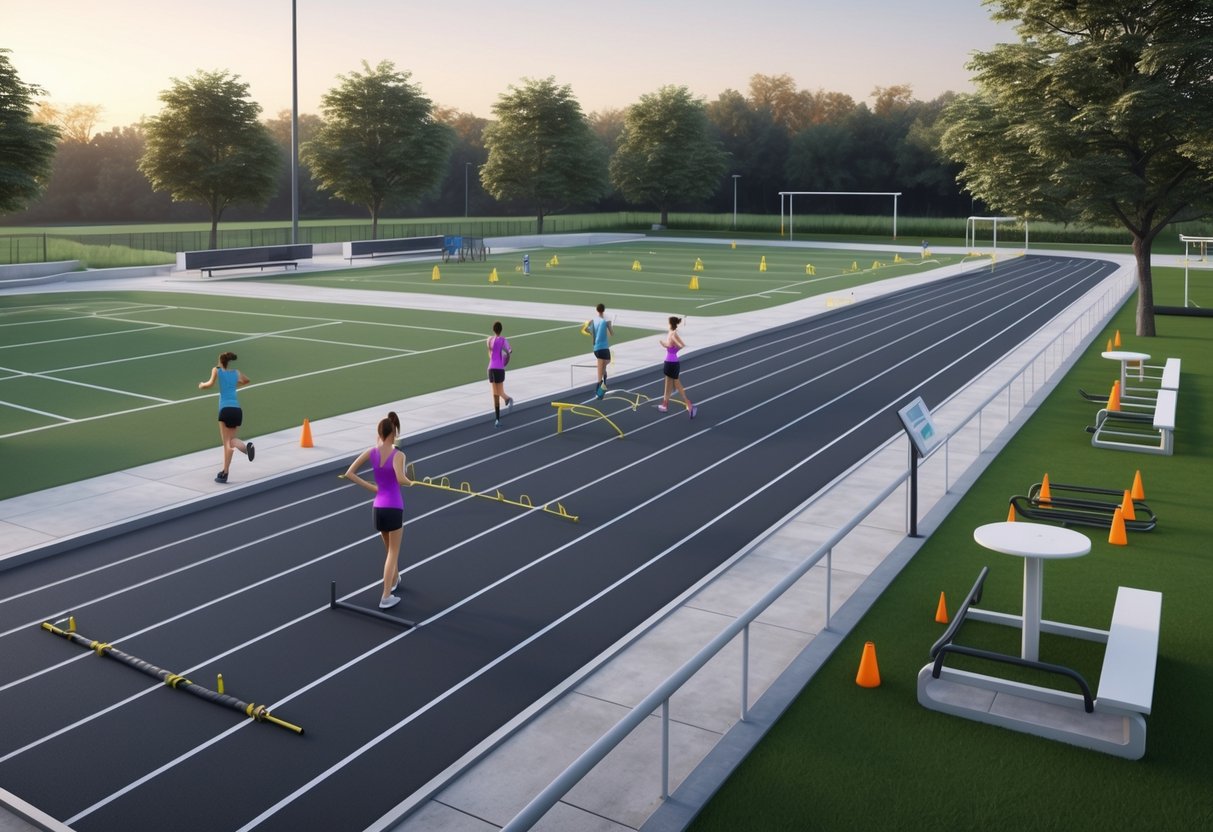 An outdoor sports warm-up area with a synthetic track, grassy field, fitness equipment, and athletes stretching and jogging.