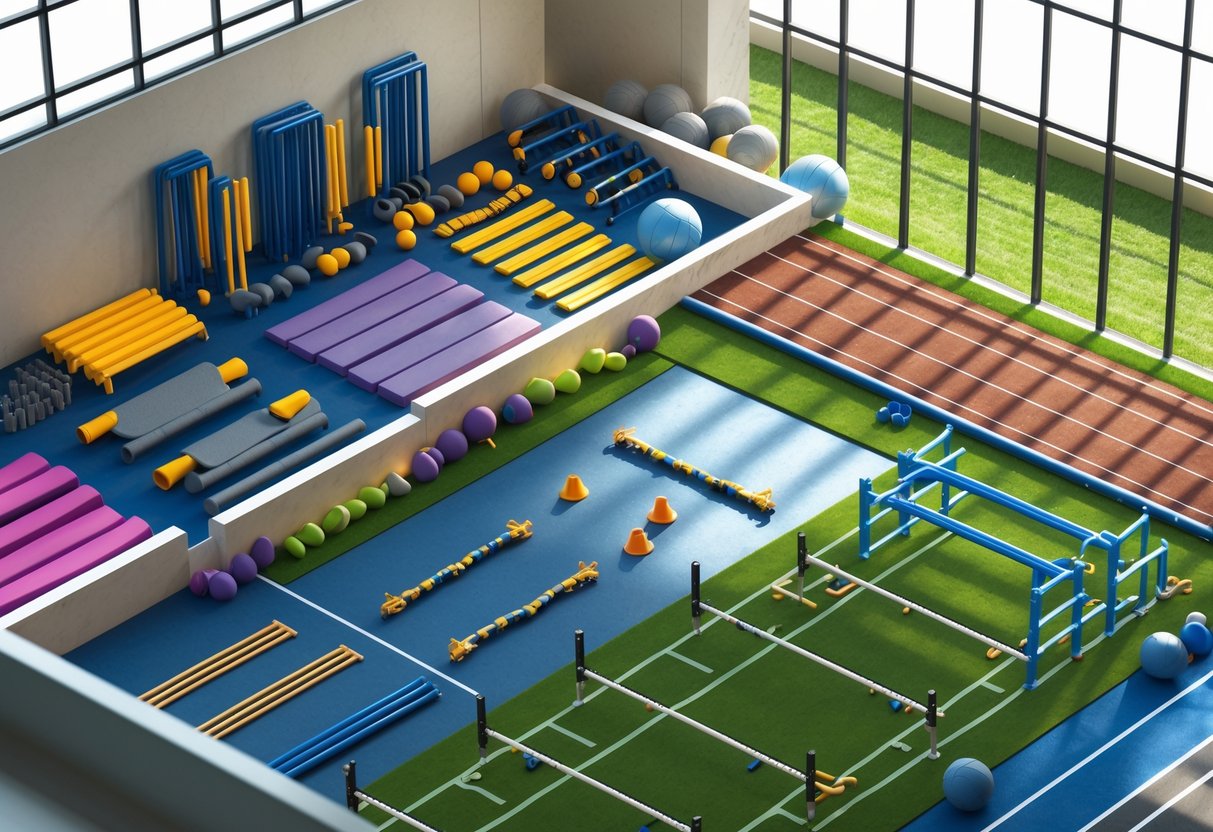 A 3D scene showing different warm-up areas including an indoor stretching zone, an agility training space with ladders and cones, and an outdoor running track with exercise bars.