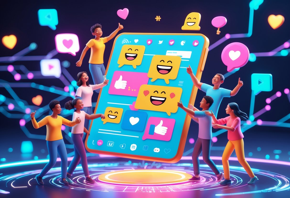 A group of diverse people interacting happily with a large floating digital tablet showing colourful meme icons, surrounded by social media engagement symbols in a bright digital environment.