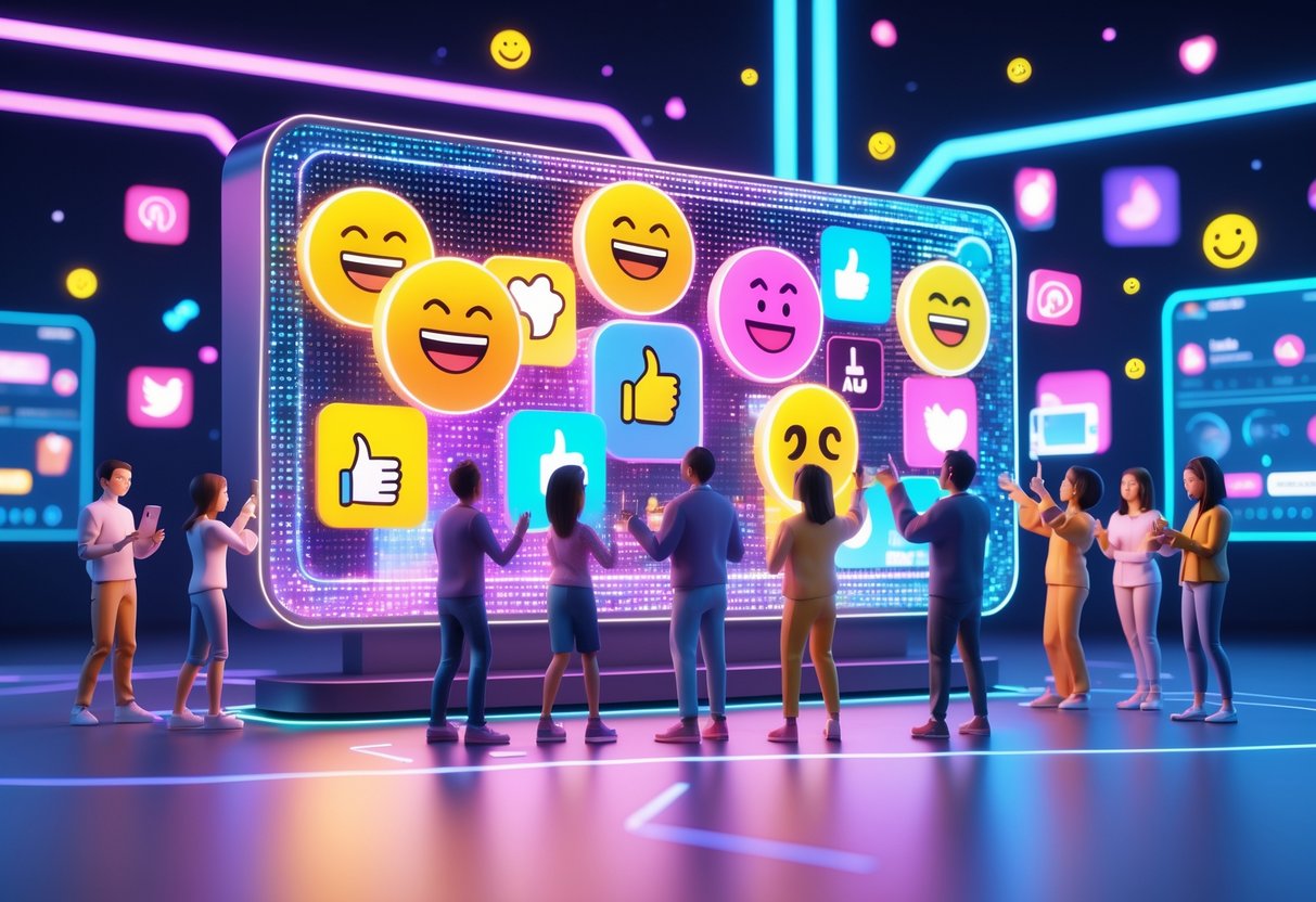 A colourful digital scene showing people engaging with glowing screens and holograms filled with meme icons and brand symbols in a lively urban setting.