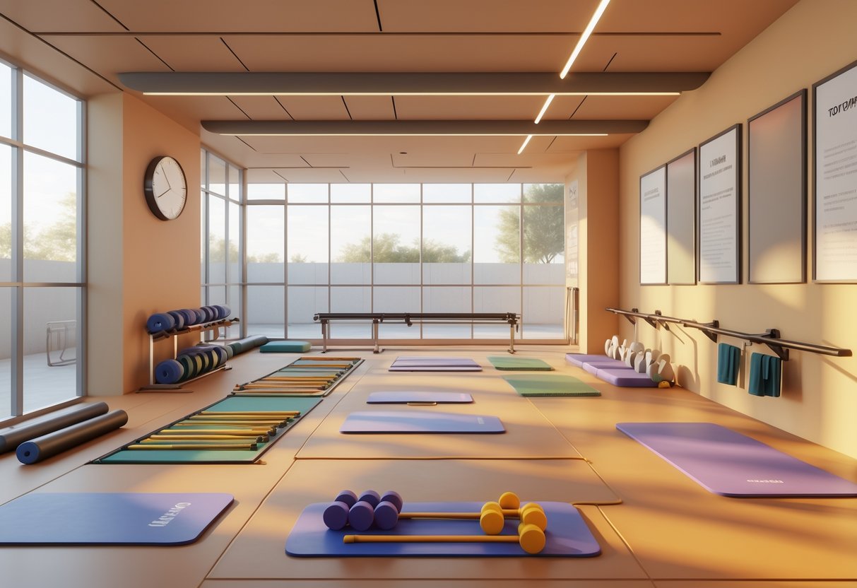 Indoor warm-up area with mats, stretching bars, exercise equipment, and natural light coming through large windows.